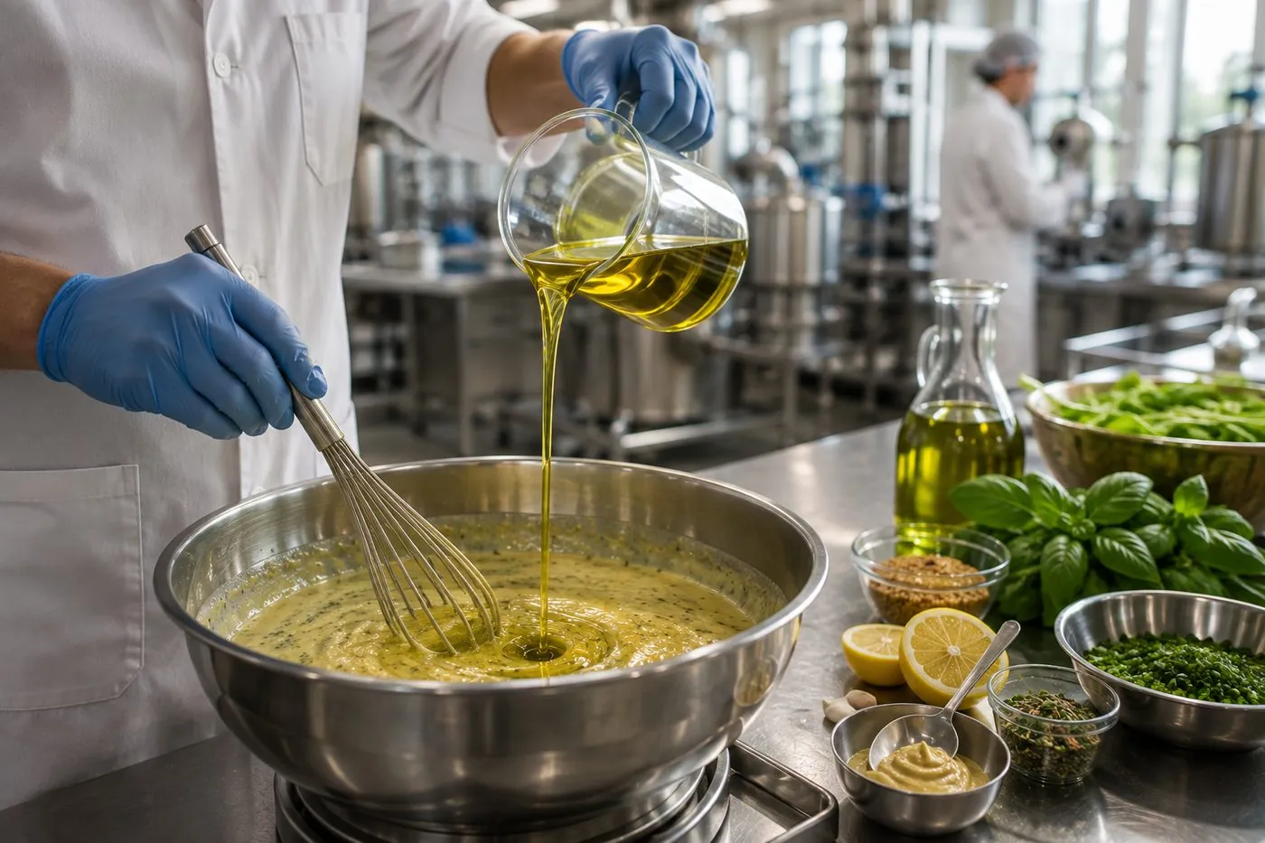 Olive oil poured into a dressing emulsion in a food-production kitchen